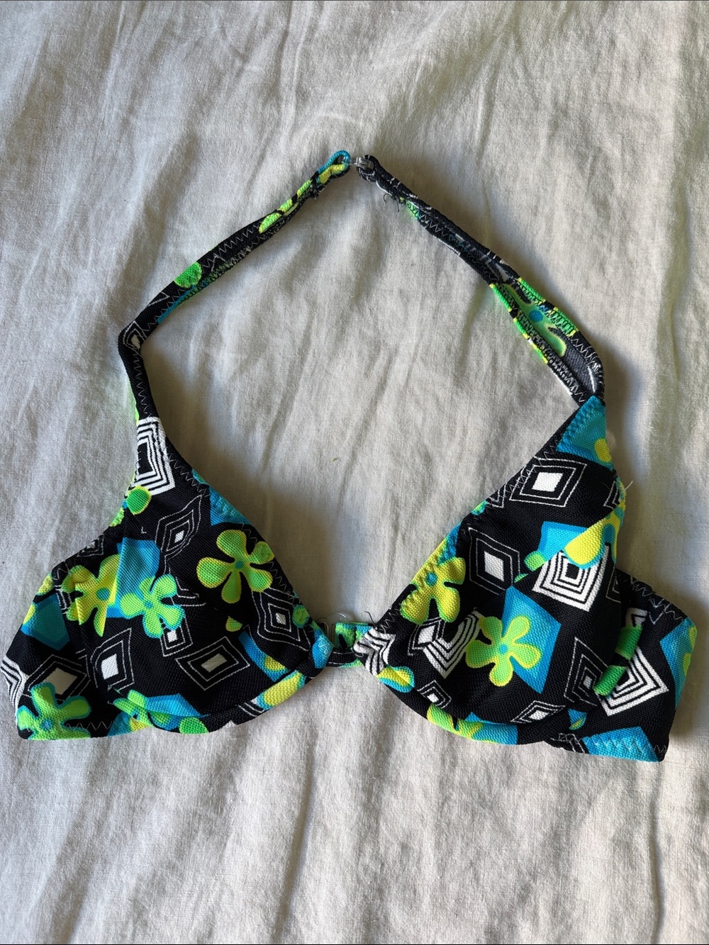 Vintage Women's Black & Neon Floral Swim Bikini Top Retro 80s/90s